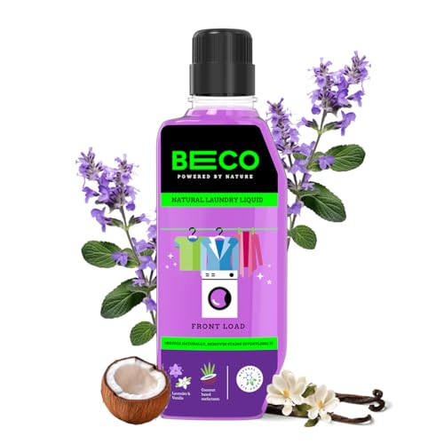 Beco Natural Liquid Detergent Front Load - 960ML Bottle | Tough Stain Removal | Lavender & Vanilla Freshness | Retains Brightness & Shine | Chemical F