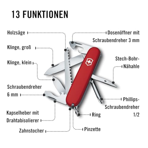 Victorinox Schweizer Taschenmesser Hiker, Swiss Army Knife, Multitool, 13 Funktionen, Klinge, Dosenöffner, Schraubendreher
