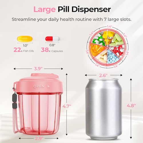 Image of AUVON Large Pill Dispenser Can Store 7 Various Supplements, Travel Pill Organizer Bottle with Anti-Mix Design, Arthritis-friendly Pill Holder with Wide Opening & Slider Lid, Includes 20 Blank Stickers