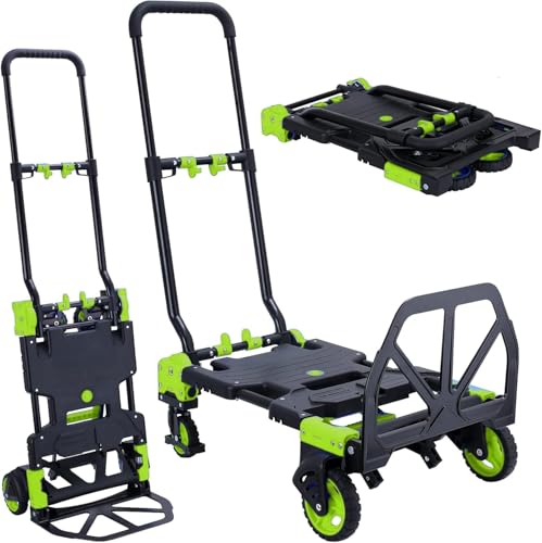 Image of Heavy Duty 330lbs Folding Hand Truck, 2 in 1 Alu Foldable Dolly, Green | Portable Folding Hand Cart, Converts to 2 & 4 Wheel Platform Truck with 5 inch Solid Rubber Wheels, 3-Gear Handle for Moving