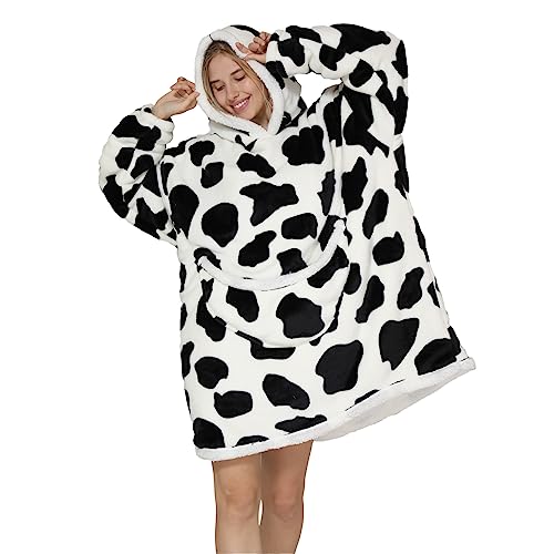 Shamdon Home Collection Oversized Blanket Hoodie,Sherpa FLeece Wearable Blanket Hoodie for Women Men,Soft and Warm Hooded Sweatshirt Adults with Giant Pocket Teenager,One Size Fits All,Cow - Image 2