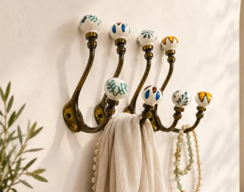 Image of 4 x Vintage Look Floral Wall Metal Painted Ceramic Coat Hook Hanger Door Cafe Office