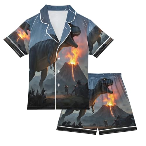 ALAZA Dinosaur Mountain Magic Satin Pajamas Set Short Sleeve Button Down Sleepwear Summer Pjs 2 Piece