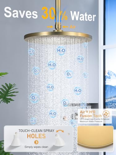 Image of Woindo Shower Faucet Set 10 inch Rain Shower Head /8'' Side Shower Head and 3 Setting Handheld Ceiling Mount 3 Push Button Diverter Complete Rainfall Round Shower System Included Valve Trim Kit