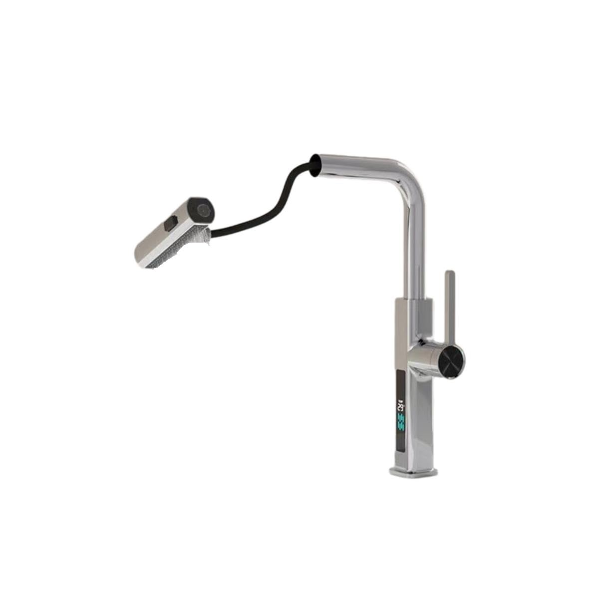 FCXWEVR Pull Out Kitchen Faucet with Intelligent Digital Display 3 Spray Modes Copper Construction Multicolor (Chrome Silver) Durable Sink Mixer for Modern Kitchens