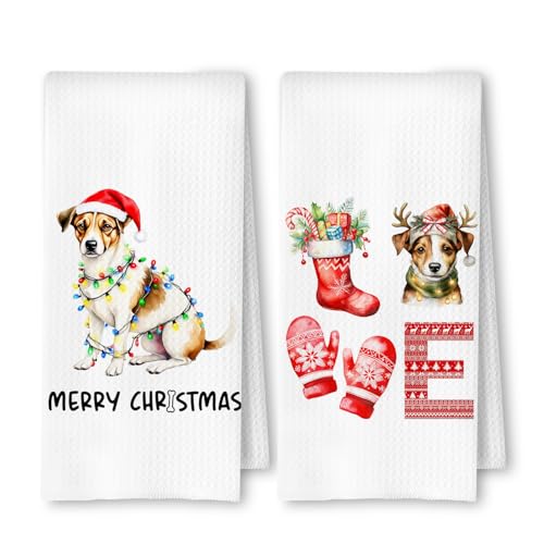 ArtisaEura Christmas Jack Russell Kitchen Dish Towels 2 Pack - Jack Russell Dog Lover Gift, Waffle Weave Christmas Hand & Tea Towels for Kitchen Bathroom, 16x24 Inches