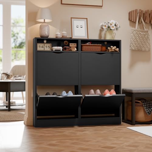 ELUCHANG Schuhschrank schmal mit 4 Klappen Platzsparender, Geschlossen Schuhregal Schuhkipper...