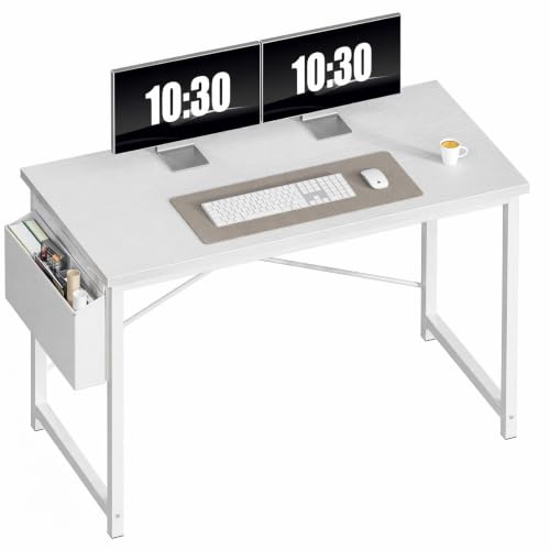Image of OLIXIS Computer Desk, 47 Inch Gaming Desks for Home Office Small Spaces | Writing Study Craft Work Table, Computer Workstation for Bedroom with Storage Bag, All White