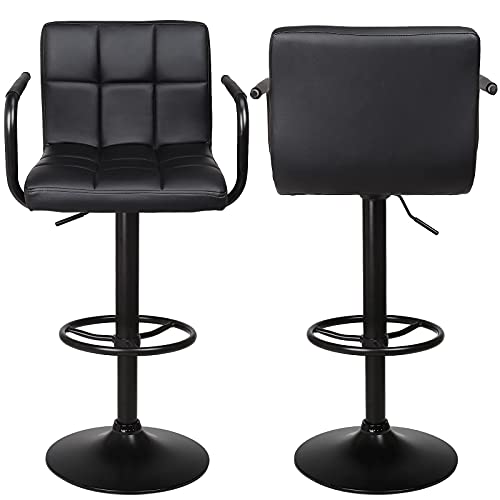 Leopard Adjustable Bar Stools With Armrest, Square Back Swivel Double Stitching With Back Bar Stool, Set Of 2 (Black + Black Base) #TOP6
