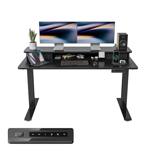 Image of FEZIBO 120 * 60 cm Electric Standing Desk with Storage Drawers and Cubicle, Adjustable Height Sit Stand Desk with Wooden Stand,Memory Preset Controller Equipped,Black