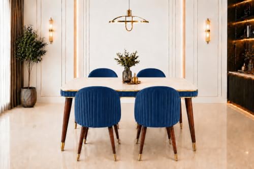Image of WOODEN SPACE Majestic 4 Seater Wooden Dining Table Set | Urban Marble Top Dining Table with Chairs for Dining Room & Kitchen (Majestic Classic Backline Navy Blue) (54 x 36 x 30 inch)