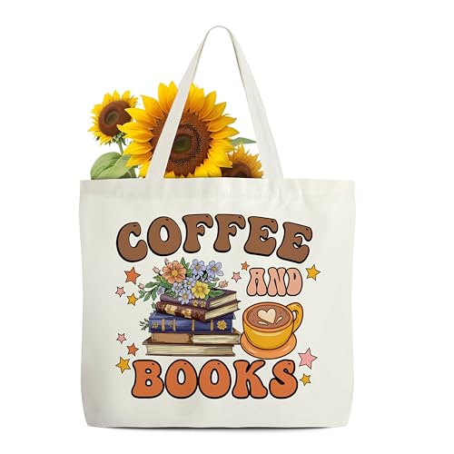 Women's Book Tote Bag, Coffee And Books Canvas Tote Bags, Book Club Gifts, Bookish Gifts for Book Lovers Coffee Lovers Librarian Bookworm Reader Writer Teacher, Aesthetic Reusable Grocery Bag -13