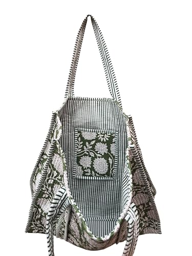Image of Quilted Cotton Hand printed Reversible Large multicolor cotton Tote Bag,Indian Handmade Block Printed Tote Bag Women Handbag