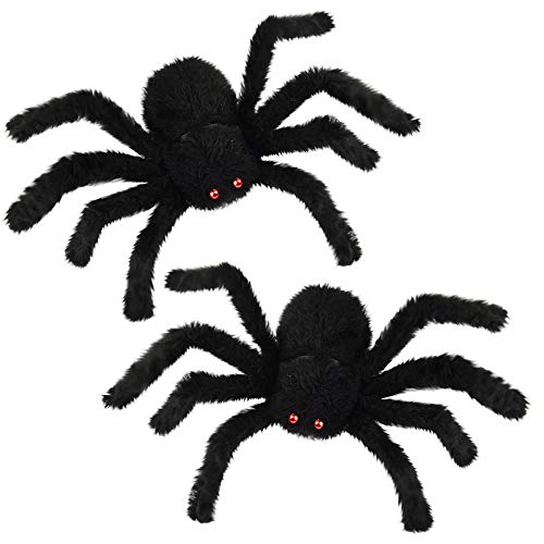 FEPITO 2 Large Halloween Spiders 30cm Black Spiders with Red Eyes Scary Spider for Halloween Party Decoration