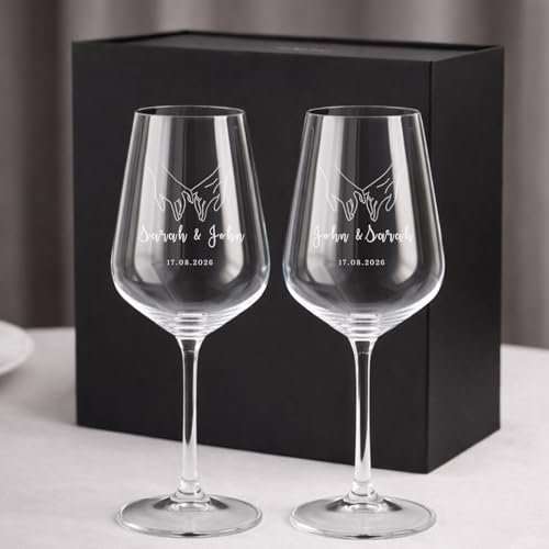 Wanapix | Calice di Vino Personalizzato | Con Scatola Regalo | Set da 2 | Bicchiere da Vino | Cristallo di Boemia | Inciso al Laser | 45 cl | Regalo originale | Hands