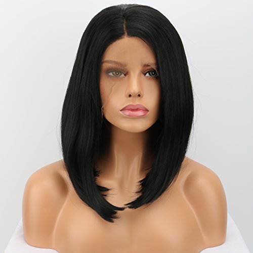 Fennell Short Bob Lace Front Wig Synthetic Black Wigs Heat Resistant Fiber Hair For Woman (Short bob 12 inches)