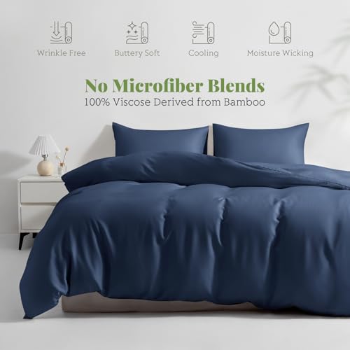 Full/Queen Duvet Cover Set, 100% Viscose Derived from Bamboo, 3 Pieces, 1 Zipper Closure Duvet Cover (90"x90") and 2 Pillowcases (20"x30") Cooling & Silky Soft (Navy)