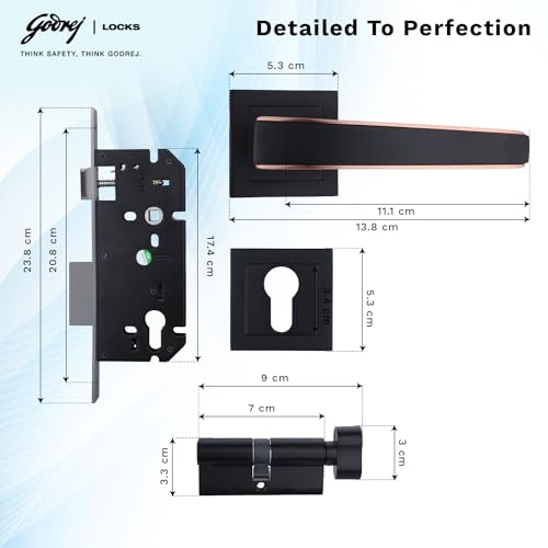 Image of Godrej Mortise Lock | Handle Lock Set for Main & Internal Doors | NEH 06 Home Decor Handle | Matte Black Rose Finish | 9 Inch Lockbody | 70mm 1CK Cylinder Knob from Inside Key Outside | 3 Keys