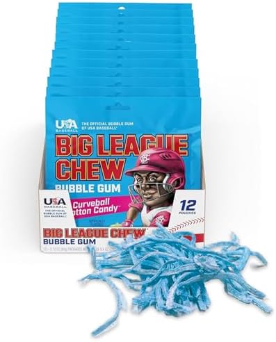 Big League Chew Curveball Cotton Candy Bubble Gum - Tasty Cotton Candy Delight | Ideal for Baseball Games, Teams, Concessions, Parties, and More | Pack of 12 Bags (2.12oz Each)