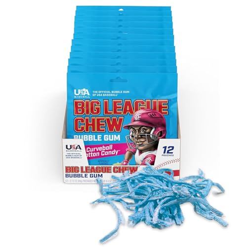 Image of Big League Chew Curveball Cotton Candy Bubble Gum - Tasty Cotton Candy Delight | Ideal for Baseball Games, Teams, Concessions, Parties, and More | Pack of 12 Bags (2.12oz Each)