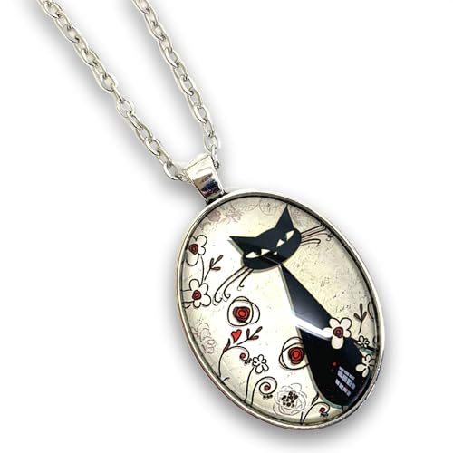 So Sweet - Collier fantaisie pour femme, cabochon en verre, sautoir illustré bronze, vintage, rétro, original, parure « Le chat parmi les fleurs », noir, rouge, beige, argenté (ref.33a)
