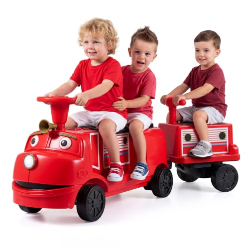 Costzon Licensed Chuggington 3-Seater Ride on Train, 12V Trackless Electric Vehicle Train with Height-Adjustable Seat, Whistle, Extra Storage & Detachable Carriage, Ride on Toy for Kids 3+
