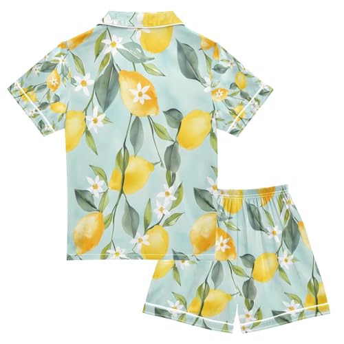 senya Light Green Lemon Satin Summer Pajama Sets Silk Short Sleeve Button Down Sleepwear2
