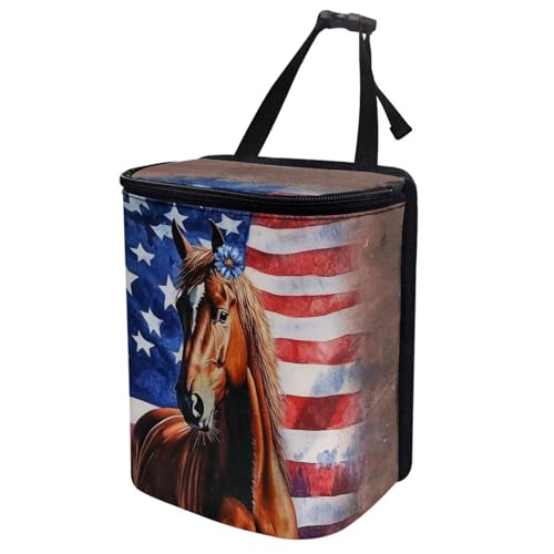 Image of Talayituse Horse Daisy American Flag Print Car Trash Can with Adjustable Straps, Zip Closure Car Trash Bag Bin Auto Garbage Bag Multipurpose Storage Box for Vehicle Travel Camping Picnicing