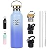 Borraccia Termica 750 ml Acciaio Inox Blu - HUIIKE | Borraccia con Cannuccia e 3 Tappi | Bottiglia Senza BPA | Mantiene Bevande 12h Calde, 24h Fredde | Thermos Antigoccia e Riutilizzabile per Palestra