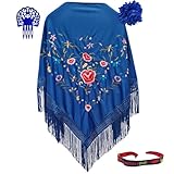 Pack Flamenco Con Mantón Bordado, Peineta, Flor Con Pinza Y Pulsera – Accesorios Para Feria Y Sevillanas (Azul Peineta)
