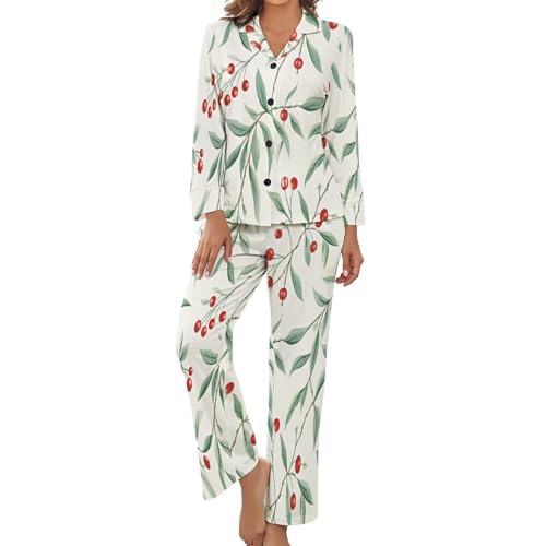 Pyjama femme imprimé cerises vintage dessiné à la main : ensemble boutonné à revers