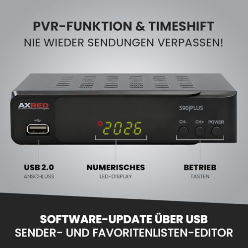 [ Test SEHR GUT, Note 1.1 *] AXRED S90 Plus Sat Receiver mit Aufnahmefunktion, HD fähig, Full HD, Digital Sat-Receiver für Satellitenschüssel Satelliten Satellit TV Fernseher, HD-Receiver, HDMI