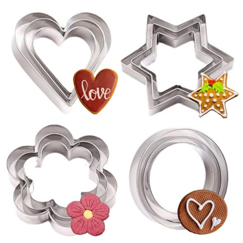 12 Pack Cookie Cutters, Star Cookie Cutter, Round Cookie Cutter, Heart Cookie Cutter, Flower Cookie Cutter, Stainless Steel Cookie Cutters for Baking, Fruit Cutters Vegetable Cutters