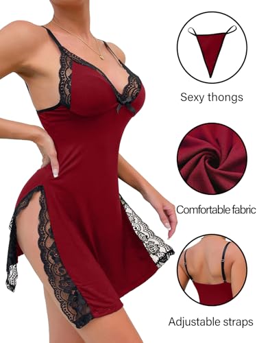 Image of Foxiny Sexy Split Side Floral Lace Trim Full Slip Night Gown Babydoll Lingerie Dress with Thong 2 piece