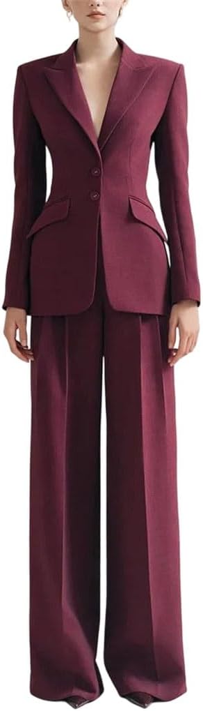 Women Single Breasted Business Two Piece Suit Slim Blazer High Waist Wide Leg Pants