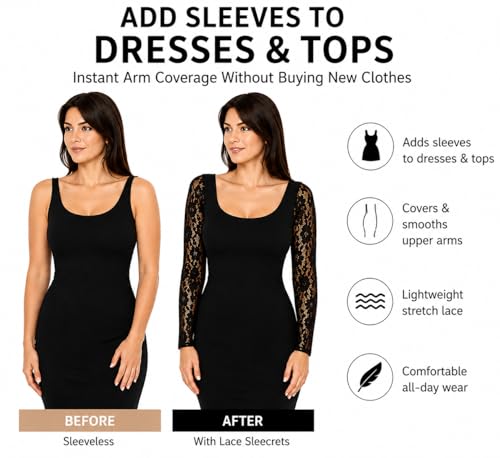 Image of ENVY BODY SHOP Women's Lace Sleecrets Detachable Sleeves  Add Stretch Lace Arms to Any Dress or Top, Comfortable Arm Coverage