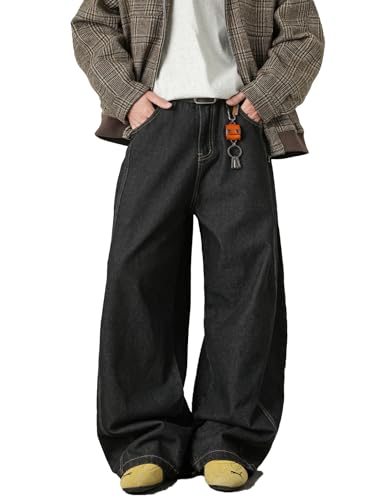 Baggy Hip Hop Jeans for Men Wide Leg Skater Denim Pants Casual Loose Fit Long Trousers A-Black
