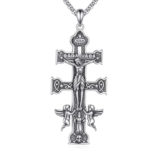 POPLYKE Caravaca Cruz Collar de Plata de Ley 925 Cruz Colgante Religioso Joyería Regalo Mujer Hombres