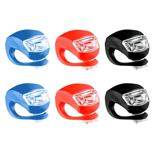 Juego de 6 luces LED para bicicleta, luz delantera y trasera, impermeable, 3 modos de iluminación, iluminación delantera de bicicleta de silicona versátil para ciclismo nocturno (negro + rojo + azul)