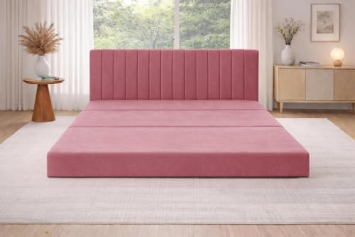 Image of Rosebell -3 Seater Armless Sofa Cum Bed with Backrest | Soft Velvet Fabric Finish | Modern Living Room & Bedroom -Rose Pink-Color