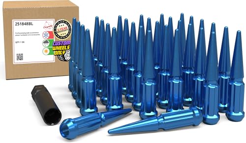 Image of Wheel Accessories Parts 32 Pcs + 1 Key M14x1.50 14x1.50 Thread Spike Spline 4.40 inch Long Lug Nuts Blue Truck Spline Hex Fits Ford F250 /350 Super Duty Silverado Sierra 2500 3500 Ram 2500 3500