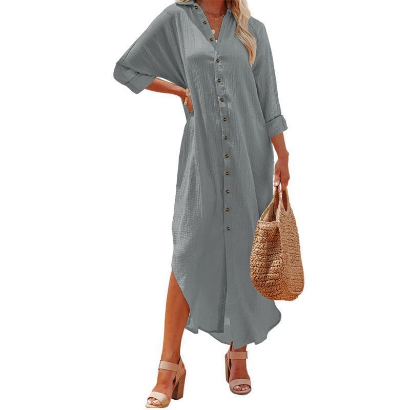Vestito da donna a camicia, kimono lungo, a maniche corte, con bottoni e spacco laterale, copricostume da bagno