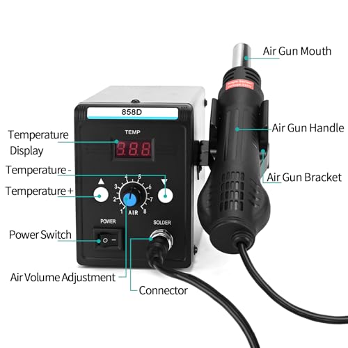 COVVY Hot Air Rework Station met LCD-display, 858D instelbare temperatuur en luchtvolume soldeerstation, met 3 heteluchtsproeiers, heteluchtstation 700W voor SMD-lassen en reparatie - Afbeelding 4