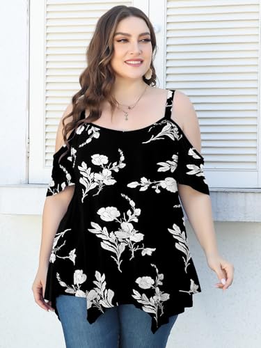 Image of LARACE Cold Shoulder Tops for Womens Summer Clothes Spaghetti Strape Tunic Oversized Shirts Asymmetrical Plus Size Blouse