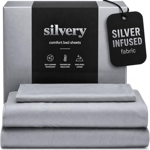 Silvery Silver Infused Bed Sheets Set - Ultra-Soft Temperature-Regulating Fabric with Self-Cleaning...