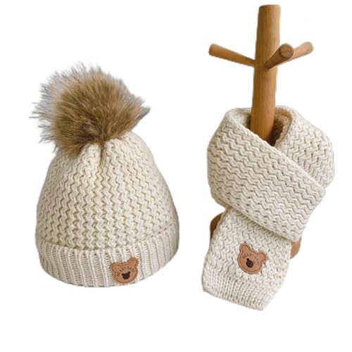 Conjunto de gorro y bufanda de lana para niños de 2 a 3 años en color blanco