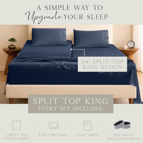 Image of KARISSA MAE Bamboo Viscose 34 inch Split Top King Size Sheet Set, FSC Certified | Single 34 inch Split Fitted Sheet | Sleep Number & Adjustable Bed | Cooling | 18 inch Deep Pocket w / Corner Straps [Navy]