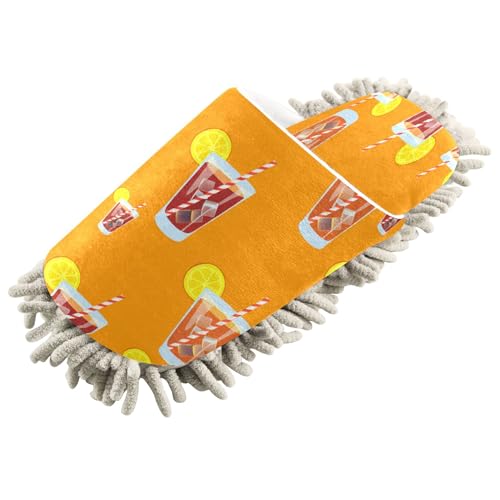 Kigai Drinks with Straw Lemon Slices Mop Slippers for Floor Cleaning, Slippers for Women Men, Microfiber Floor Cleaning, M