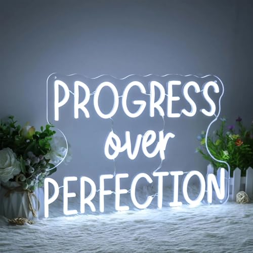 Image of Progress Over Perfection Neon Sign Dimmable Classroom Positive Led Light Up Sign Inspirational Letters Neon Light for Classroom Bedroom Library Study Room