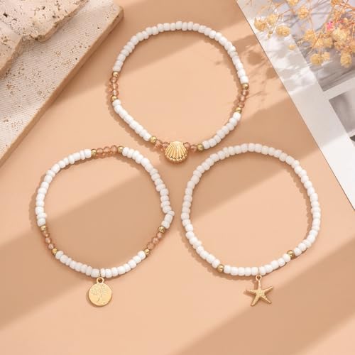 Image of Ankle Bracelets for Women Waterproof Beach Jewelry for Women Elastic Beaded Anklets Boho Seashell Pearl Starfish Anklets for Women Foot Jewelry